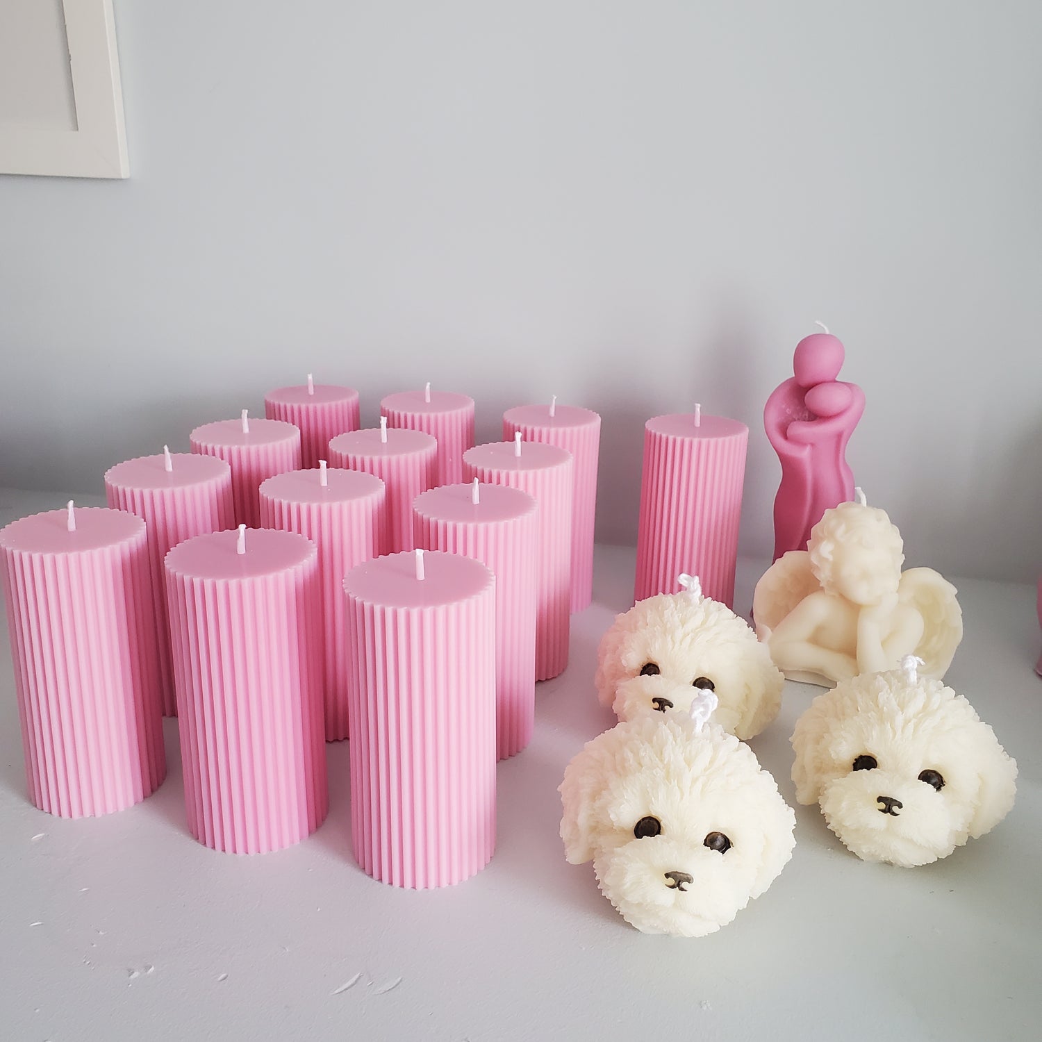 Personalized candle gift, aesthetic room decor, handmade soy candle, Ribbed pillar candle, bichon candle, bubble candle
