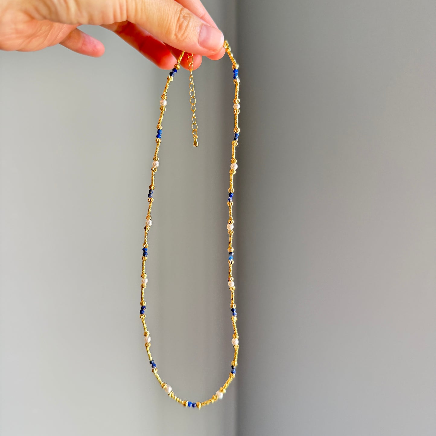 Gold accent necklace- lapis lazuli & mother of pearl