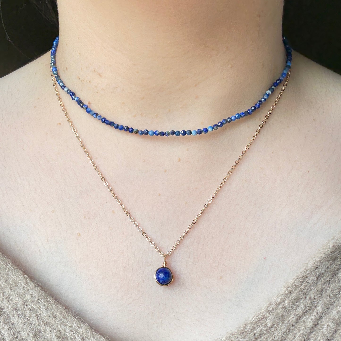 Gold accent necklace- lapis lazuli & mother of pearl